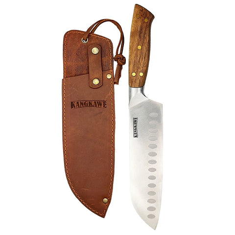 Cuchillo 7" Santoku Pirihueico Con Funda De Cuero Café