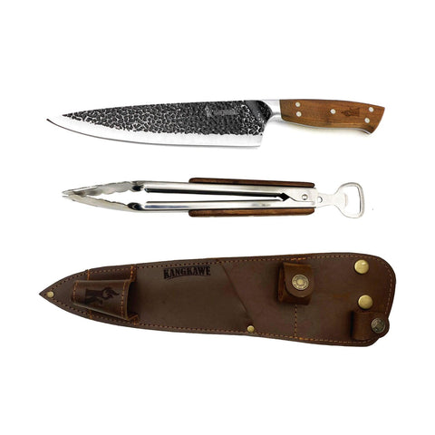 Set Cuchillo Curacaví + Tenaza Con Funda De Cuero Café - Mall del Parrillero