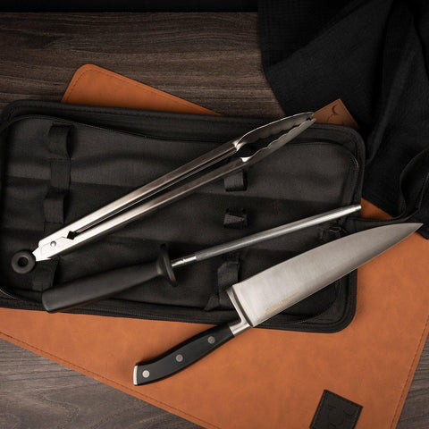 Set Parrillero cuchillo + tenaza + chaira + bolso