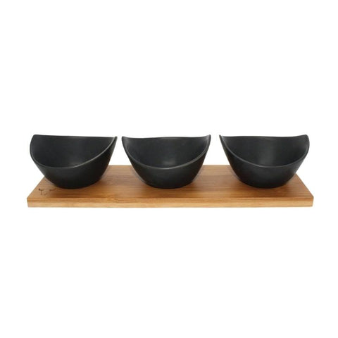 Set de 3 Bowls de Cerámica con Bandeja de Bamboo - Mall del Parrillero