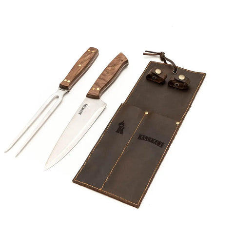 Set Parrillero Tenedor + Cuchillo Con Funda De Cuero Café - Mall del Parrillero