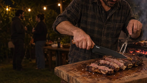 Parrillero cortando asado con cuchillo Feroz